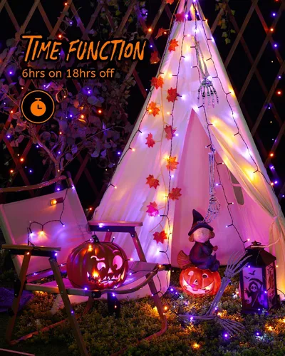 Miniatura 4 de Luces de Halloween moradas y naranjas de 66 pies para exteriores, 200 luces LED de Halloween con 8 modos, enchufable naranja morado colgante