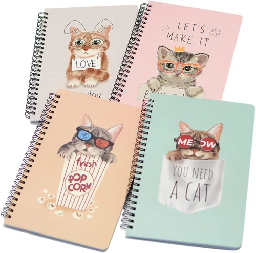 Yansanido Cuaderno de espiral, 4 piezas A5 de tapa dura gruesa con diseño de gato, 0.315 in, 4 colores, 80 hojas, 160 páginas para estudio y notas