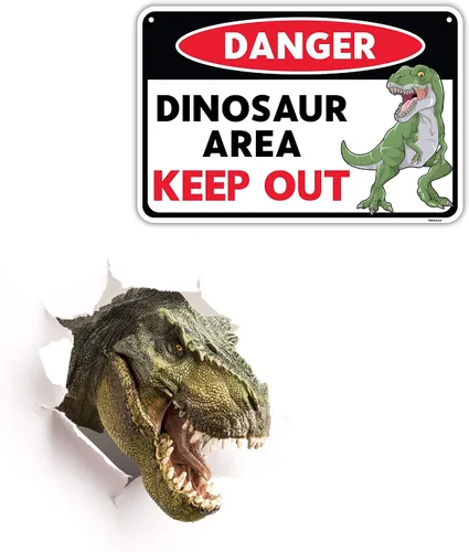 Miniatura 4 de Venicor Letrero de dinosaurio – 8 x 12 pulgadas – Aluminio – Decoración de habitación de dinosaurios para niños – Decoración de dinosaurio T Rex