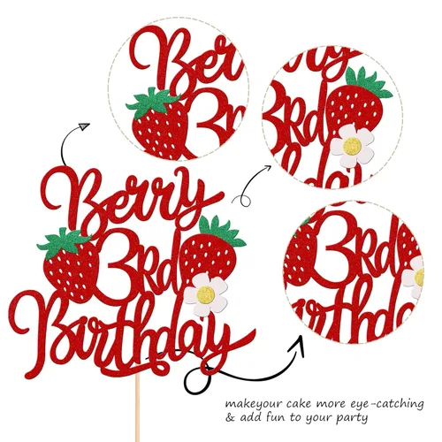 Miniatura 3 de 1 pieza de decoración para pastel de tercer cumpleaños con temática de fresa, flor brillante con temática de frutas dulces, decoración de pastel