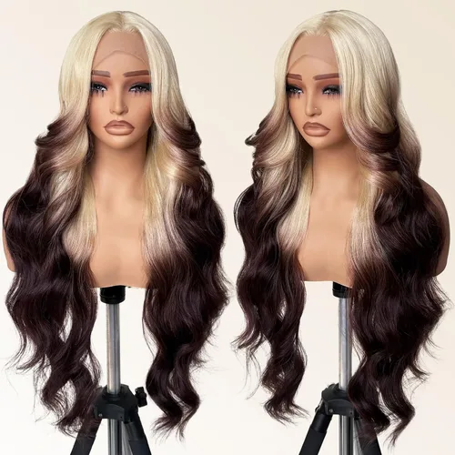 Miniatura 12 de FABELLE - Peluca de cabello sintético rubio ceniza con encaje frontal de 13 x 4 HD, sin pegamento, parte media ondulada de 30 pulgadas, para usar