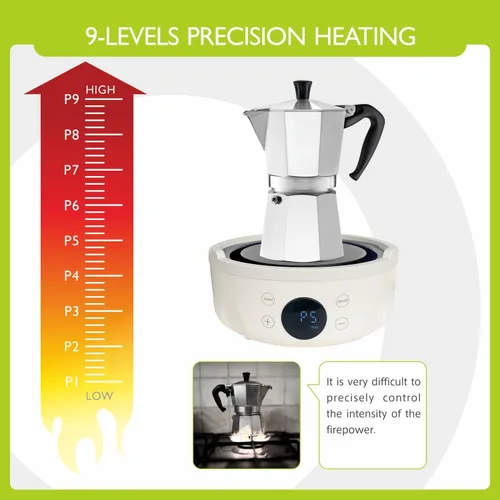 Miniatura 6 de Mini placa eléctrica pequeña – 600 W, 9 niveles de calor, mini placa eléctrica eléctrica, tamaño perfecto para olla Moka, hacer té y más, adecuado