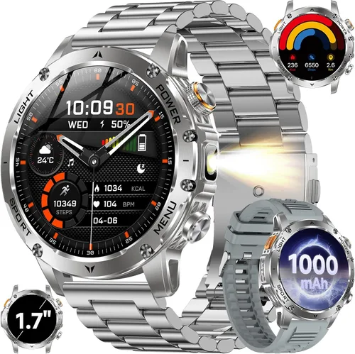 Miniatura 10 de KPEP Military Smart Watches for Men with 2 Straps, 1000mAh Battery/LED Flashlight/IP67 Waterproof Smartwatch, Stress/Blood Oxygen/Heart Rate/Sleep