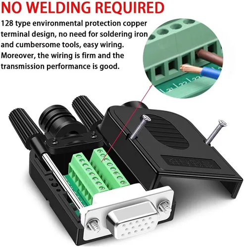 Miniatura 3 de 2 unids hembra VGA sin soldadura conector rápido 0.630 in más delgado 3+9 DB15 3 fila enchufe serie a 15 pines terminal de puerto hembra adaptador