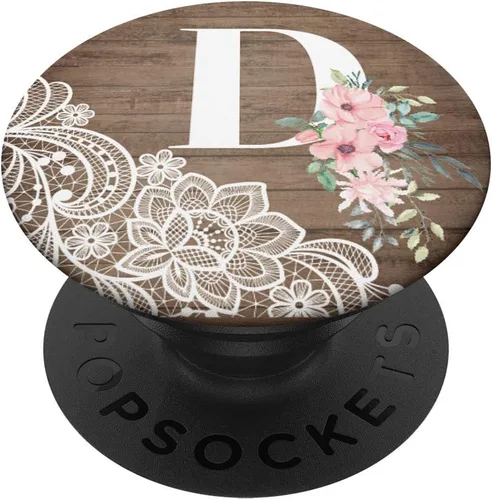 Agarre de encaje de madera rosa flores monograma nombre inicial letra D – PopSockets agarre y soporte para teléfonos y tabletas