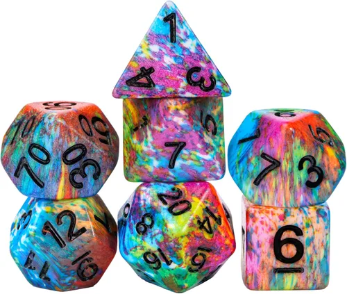 Miniatura 37 de Juego de dados de resina para DND, juego de 7 dados poliédricos negros D&D rellenos con papel de colores brillantes para juegos de rol