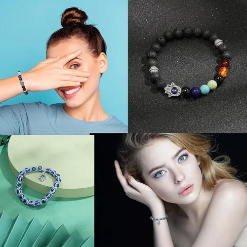 Miniatura 5 de 2 pulseras de mal de ojo, pulsera de mano de Fátima, pulsera de 7 chakras, pulsera elástica de cuentas contra el mal de ojo, pulsera de piedras