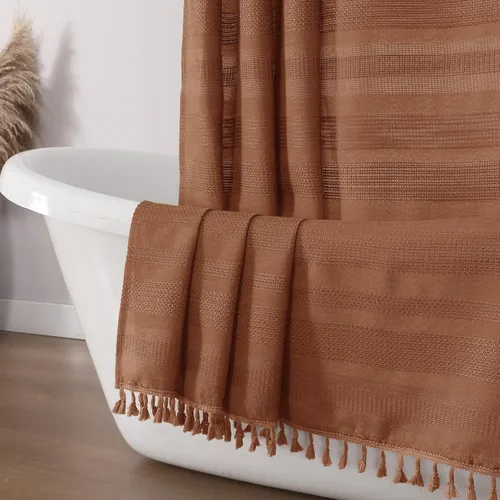 Miniatura 34 de OVZME Cortina de ducha bohemia negra, cortina de ducha estrecha de tela suave a rayas de lino texturizado con borla, moderna decoración de baño
