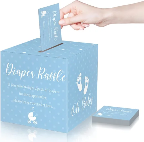 Miniatura 8 de Funrous 51 boletos para rifa de pañales con caja para invitaciones de juegos de baby shower, tarjeta de rifa de pañales para revelación de género