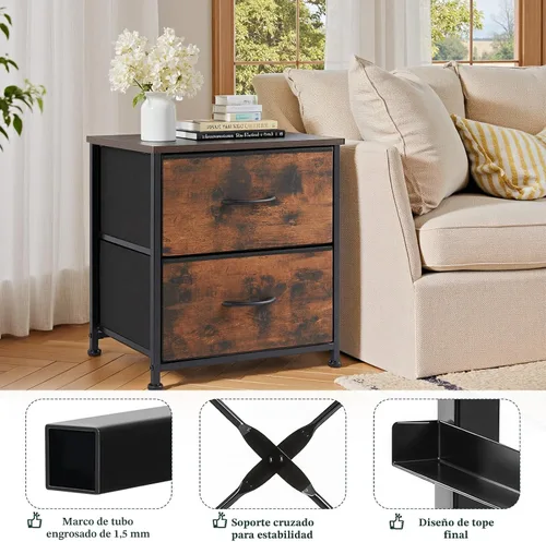 Miniatura 4 de Mesita de noche, cómoda pequeña de 2 cajones mesa auxiliar muebles de cabecera, contenedores de tela con superficie de madera para dormitorio, Marrón