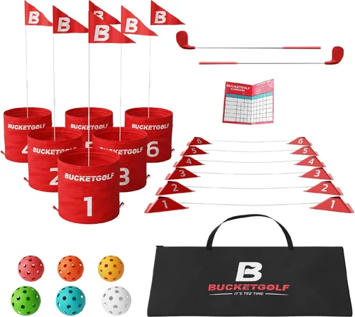 bucketgolf Juego de 6 hoyos con palos - El mejor juego de golf de patio trasero para todas las edades y niveles, adultos, niños, familias, escuelas,