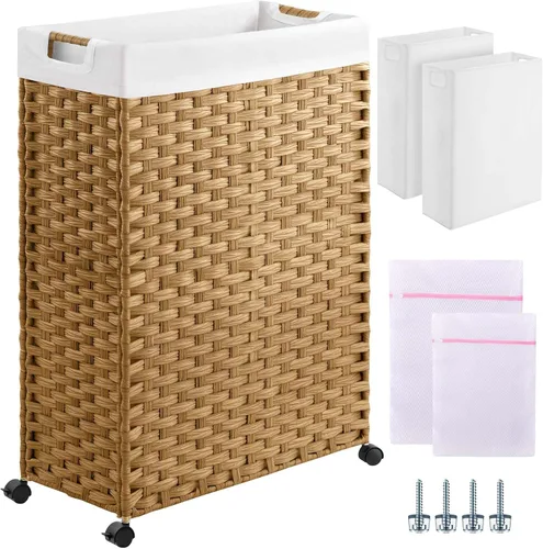 Miniatura 9 de GREENSTELL - Cesta de ropa con ruedas, 45 L (11.9 galones) Cesta pequeña de ropa con 2 bolsas extraíbles y 2 bolsas de malla, cesto de ratán delgado