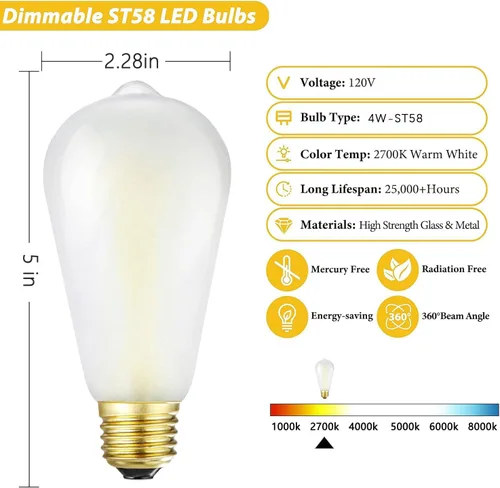 Miniatura 2 de Bombillas LED Edison regulables e26, 4 W, 40 W equivalentes, 400 lm, luz blanca cálida de 2700 K, AC120V, bombillas ST58 con acabado esmerilado