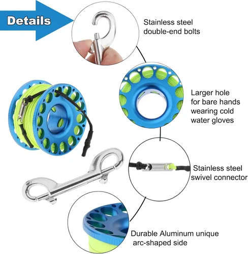 Miniatura 2 de Carrete de dedo de 98 pies para buceo, carrete ligero de aluminio con clip de perno de doble extremo para esnórquel