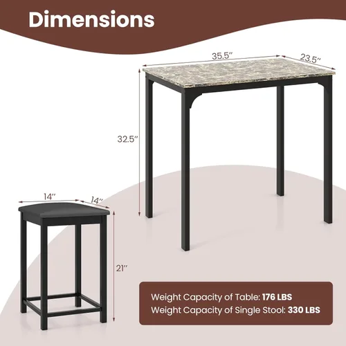 Miniatura 6 de GOFLAME Juego de mesa de comedor de 3 piezas para 2, juego de mesa y sillas de cocina a altura de mostrador con tablero de mármol falso, taburetes