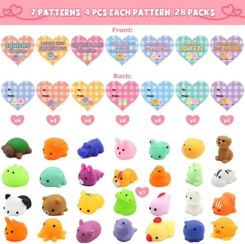 Miniatura 2 de SURCVIO Paquete de 28 regalos para el día de San Valentín para niños, juego de recuerdos de fiesta Mochi Squishies con corazones rellenos y tarjetas