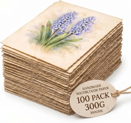 Sabary 100 hojas de papel vintage hecho a mano con bordes deckled de 10.58 oz, papel vintage de acuarela grueso, rugoso, texturizado, tarjetas en