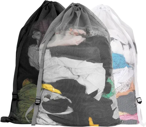 Miniatura 11 de Bolsas de lavandería de malla resistente de 24 x 36 pulgadas con cierre de cordón, paquete de 3, color negro