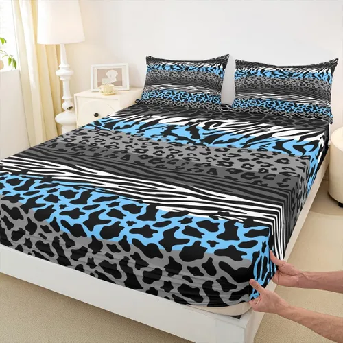 Miniatura 34 de Sábana bajera ajustable con estampado de leopardo, tamaño individual, juego de ropa de cama rústica con rayas de piel de cebra, decoración