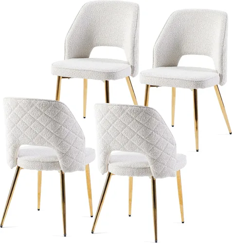 Miniatura 10 de NORDICANA Juego de 2 sillas de comedor modernas, sillas acentuadas tapizadas en beige bouclé con patas doradas de metal, sillas laterales