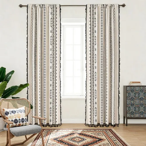 Miniatura 9 de Coral Fish Cortinas Bohemias con Patrón Geométrico Negro Cortinas de Ventana Bohemias con Borlas y Flecos para Cocina Baño Filtrado de Luz