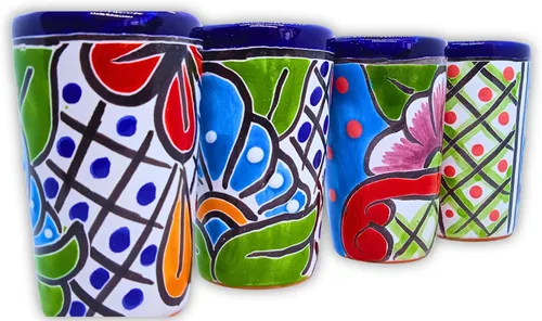Miniatura 7 de Juego de 4 vasos de chupito Talavera - Pintados a mano - 2 Oz (azul con verde)