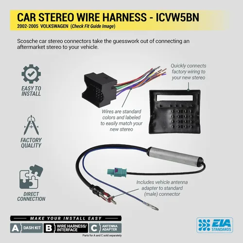 Miniatura 7 de Scosche ICVW5BN Kit de instalación de radio doble DIN y arnés compatible con vehículos Volkswagen no amplificados seleccionados 2002-2005 - Kit