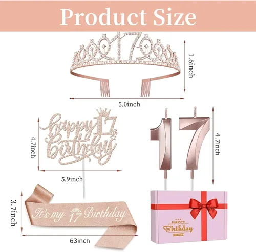 Miniatura 6 de Decoraciones de cumpleaños de 17 años para niñas, que incluyen banda de cumpleaños para niña, corona, velas numéricas y adorno para pastel; regalos