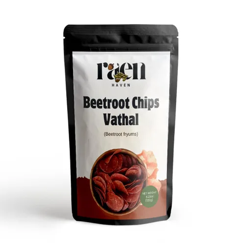 Raen Haven Chips de remolacha Vathal – 4.23 oz – (120 gm) | Frituras de remolacha secadas al sol | Bocadillo tradicional del sur de la India | Sin