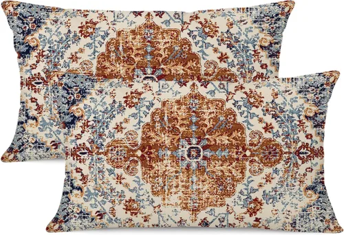 Miniatura 23 de Juego de 2 fundas de almohada impermeables para exteriores de 16 x 16 pulgadas, patrón de alfombra bohemio vintage, diseño étnico negro y gris