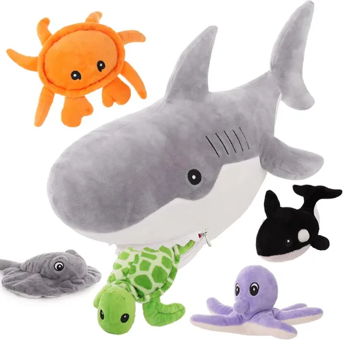 Miniatura 18 de Muiteiur Triceratops - Animal de peluche gigante de dinosaurio para mamá con 3 bebés pequeños, juguete de dinosaurio de felpa suave verde, regalo