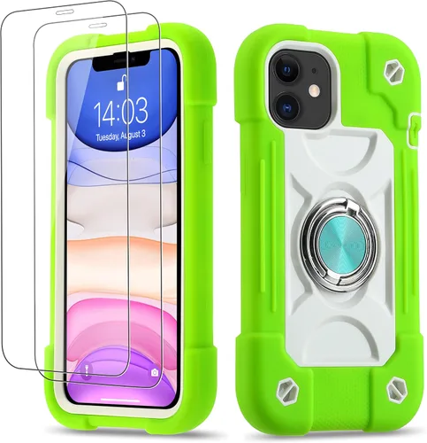 Miniatura 88 de Funda para iPhone 11 de 6.1 pulgadas con soporte de anillo, con 2 protectores de pantalla de vidrio, resistente a los golpes, resistente a