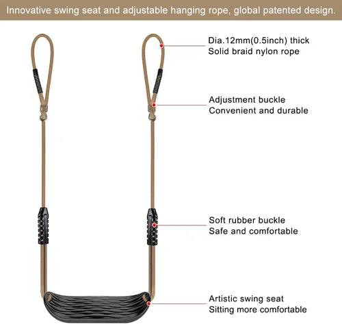 Miniatura 5 de SELEWARE Asiento de columpio de plástico, juego de columpio antideslizante para árbol con cuerda ajustable y 4 mosquetones, accesorios de juego