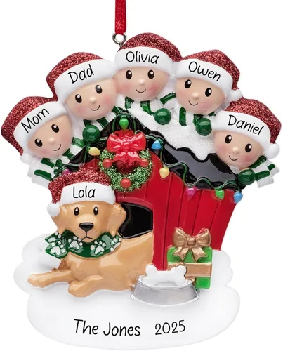 Miniatura 13 de Adorno de Navidad personalizado para familia de 6 con perro 2026 Padres, niños y cachorros con caseta para perros, decoración personalizada