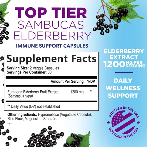 Miniatura 2 de Extracto de fruta de saúco europeo de 1200 mg por porción cápsulas – Sambucus apoyo inmunológico con extracto concentrado de saúco negro de sambucus