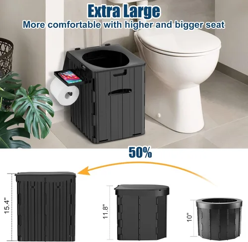 Miniatura 2 de Inodoro portátil XL para adultos, extra grande de 15.4"H plegable para acampar con estante desmontable para teléfono y soporte para papel