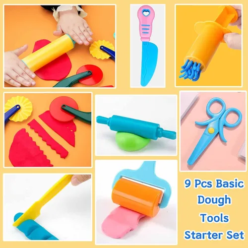 Miniatura 3 de Kit de herramientas de masa, 9 piezas básicas de arcilla y masa para niños, incluye rodillo, rodillos, tijeras de seguridad, extrusora de masa