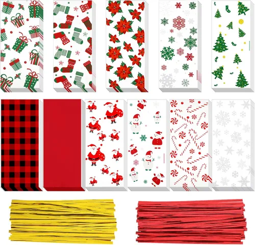 Outus 165 bolsas de celofán de Navidad de 5 x 11 pulgadas, con copos de nieve de Papá Noel, bastón de caramelo, galletas, golosinas con 200 lazos