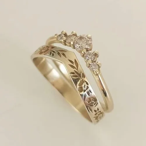 Elegante y simple anillo de boda para mujer vintage color dorado en forma de V tallado a mano flores anillos de boda para novia