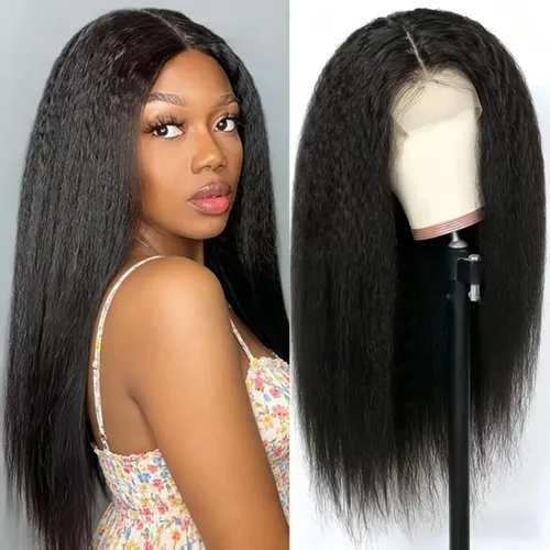 Miniatura 9 de ZIYU Peluca de cabello humano lacio tipo afro sin pegamento para mujer, peluca de encaje frontal de 13 x 4 pulgadas, predepilada con abuelitos