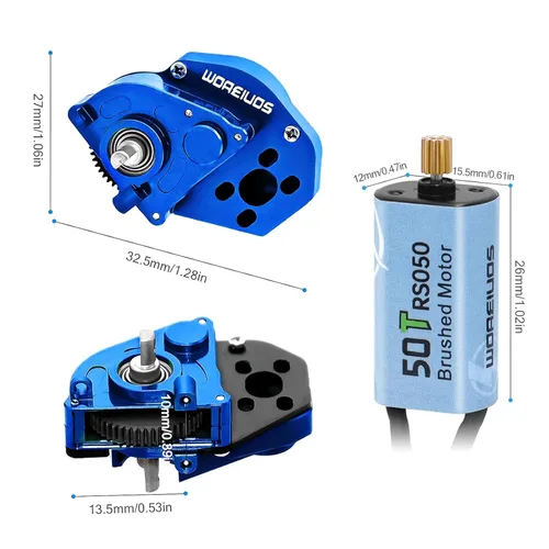 Miniatura 4 de Motor RC 050 50T Motor cepillado con caja de cambios de transmisión de aleación de aluminio para Axial SCX24 AXI00002 AXI00001 AXI90081 AXI00006 Azul