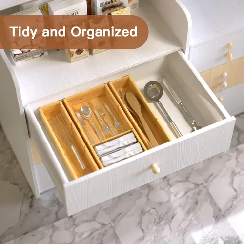 Miniatura 5 de DUJEN Organizador de cajones de bambú de 12.5'' x 12.5'' x 2'', ajustable de 3 organizadores individuales de cajón multiusos para baño y cocina