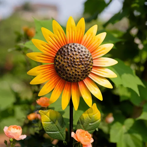 Miniatura 3 de Viveta Paquete de 2 molinillos de viento de girasol de metal para exteriores, escultura de viento decorativa cinética con estaca resistente
