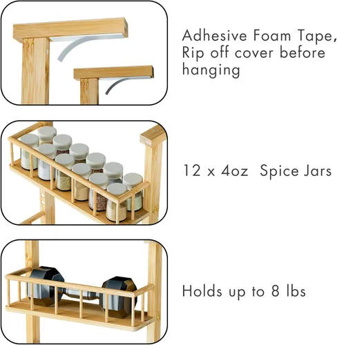 Miniatura 5 de Estante colgante para especias para refrigerador, organizador de estante de cocina de bambú de 3 niveles para almacenamiento de condimentos