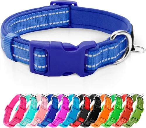 azuza Collar reflectante para perro, de neopreno suave acolchado con anillo para etiqueta de identificación, ajustable para perros pequeños, azul