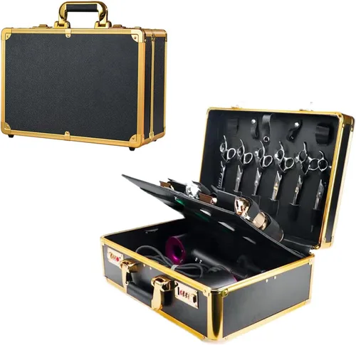 Miniatura 9 de Estuche de peluquero portátil para cortapelos y suministros, doble capa grande, herramientas de viaje, caja organizadora, kit de peluquería Negro