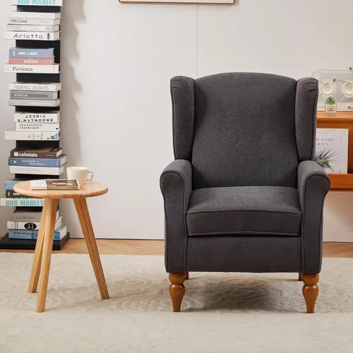 Miniatura 2 de Mid-Century - Silla de ala alta, moderna silla decorativa de tela con mesa auxiliar de madera maciza, sofá individual de ocio para sala de estar