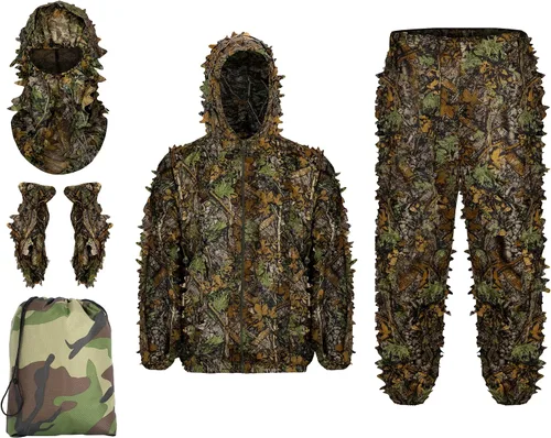 Ginsco Ghillie Suit - Juego de guantes de máscara de cara completa, traje de camuflaje frondoso 3D para hombres, fotografía de caza al aire libre