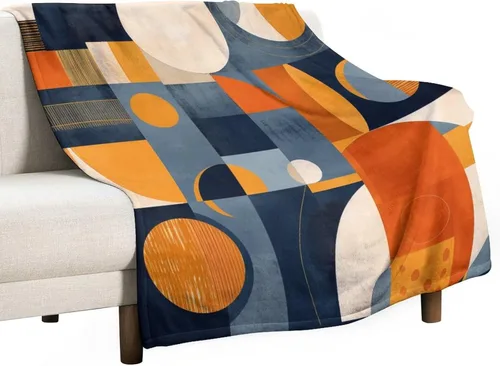 Miniatura 32 de Manta de franela de mediados de siglo, color azul marino, naranja quemado, estética abstracta, geométrica, acogedora, manta moderna de mediados
