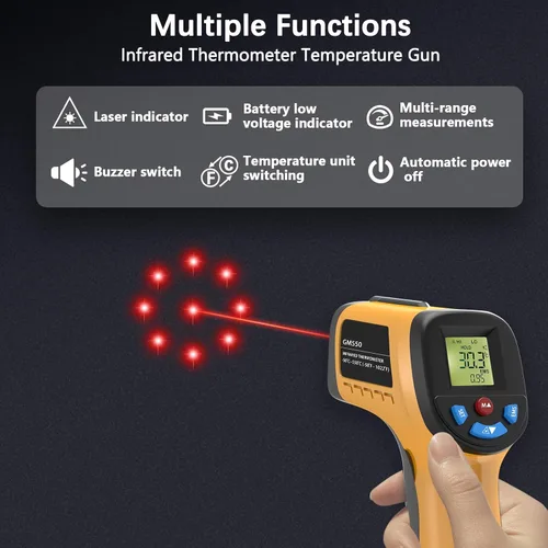 Miniatura 7 de Termómetro infrarrojo láser pistola de temperatura, termómetro digital IR para cocinar, carne, alimentos, horno de pizza, parrilla, pistola de calor